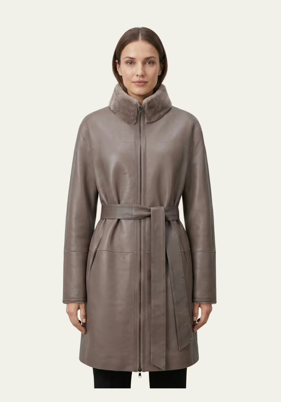 Exklusiver Merino Shearling Wendemantel Graubraun – Zwei Luxus-Looks in einem