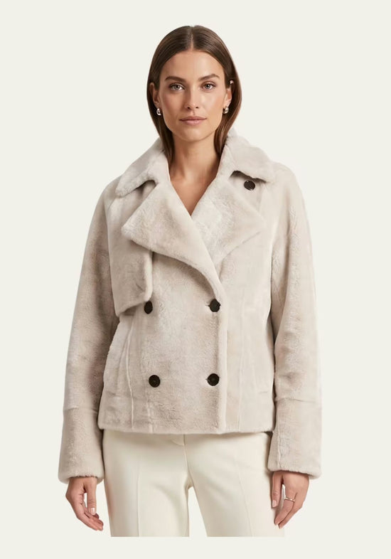 Shearling Lammfelljacke Creme-Beige – Doppelreihige Kurzjacke