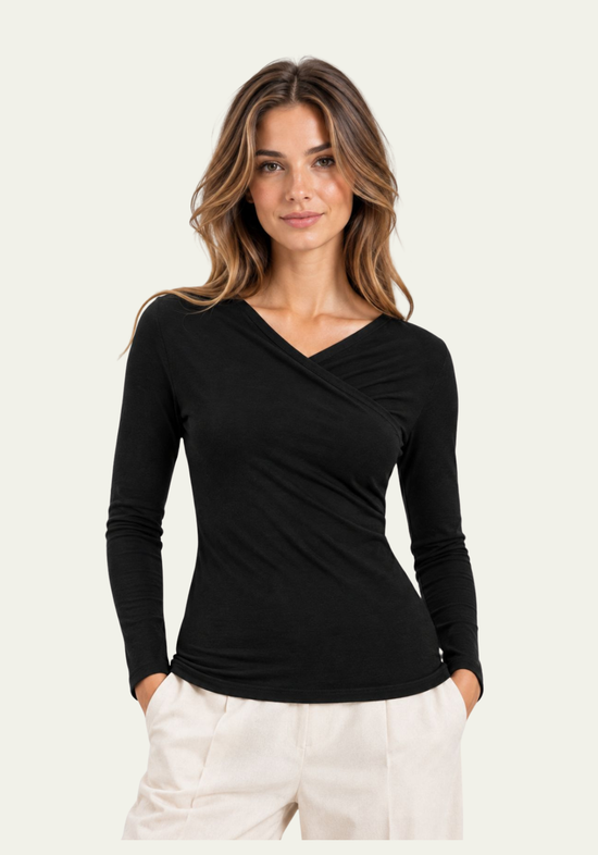 Women’s long-sleeved top in Lyocell and merino wool – black