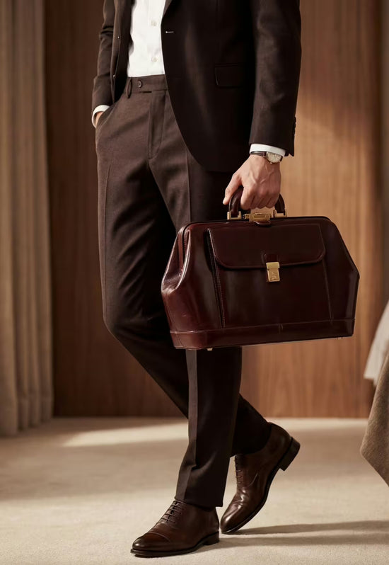 Bordeaux leather doctor’s bag carried with a dark suit by a man.