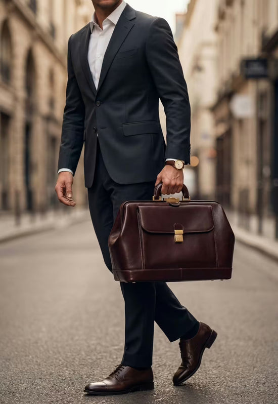 Bordeaux leather doctor’s bag carried at the side by a man.