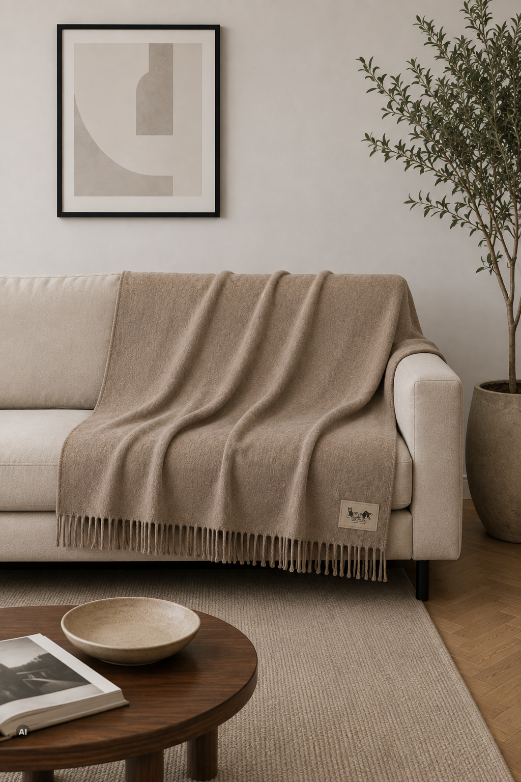 Baby-Alpaka-Decke Taupe in Wohnzimmer über beigem Sofa drapiert, mit Fransen am unteren Ende