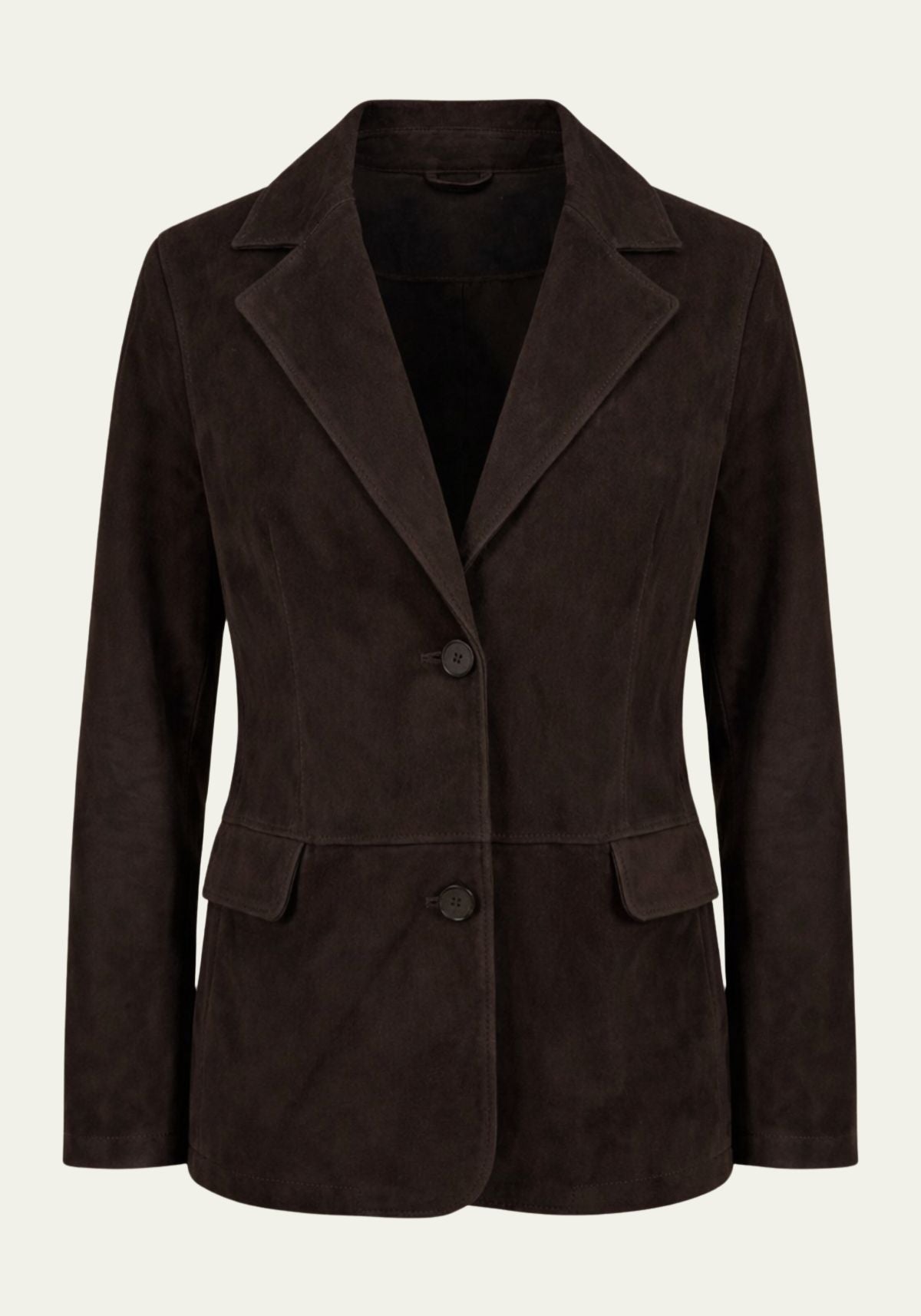 Women's blazer in suede, dark brown, shown frontally and freestanding with lapels and button fastening.