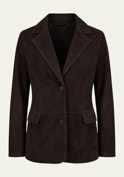 Women's blazer in suede, dark brown, shown frontally and freestanding with lapels and button fastening.