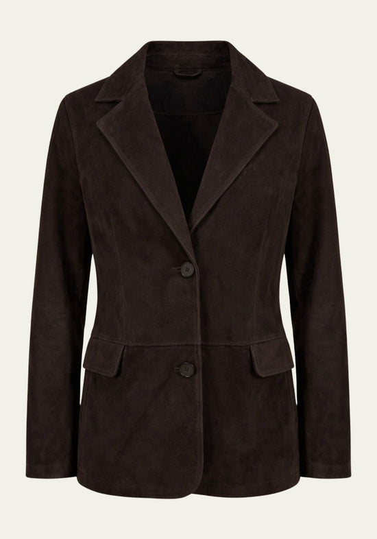 Women's blazer in suede, dark brown, shown frontally and freestanding with lapels and button fastening.