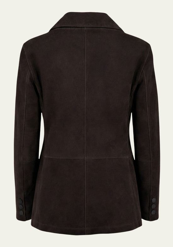 Women's blazer in suede, dark brown, shown from the back, freestanding with a tailored shape.