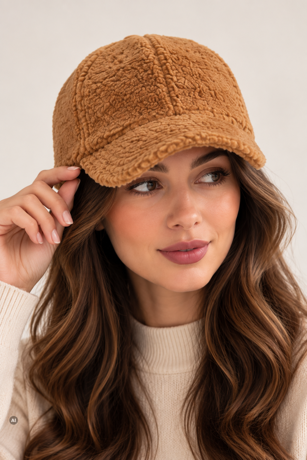 Brown sheepskin cap for women, worn frontally on a model, with a brim and soft pile texture.