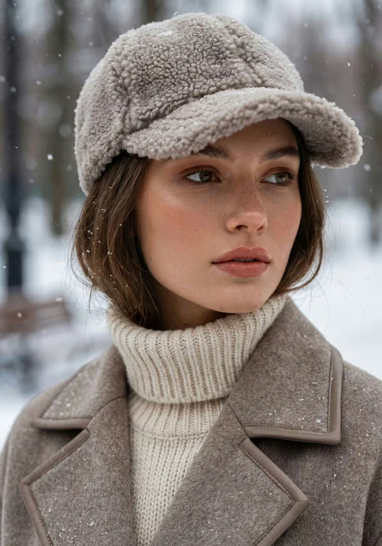 Women's cap in camel sheepskin, worn in winter with a soft peak and curly texture.
