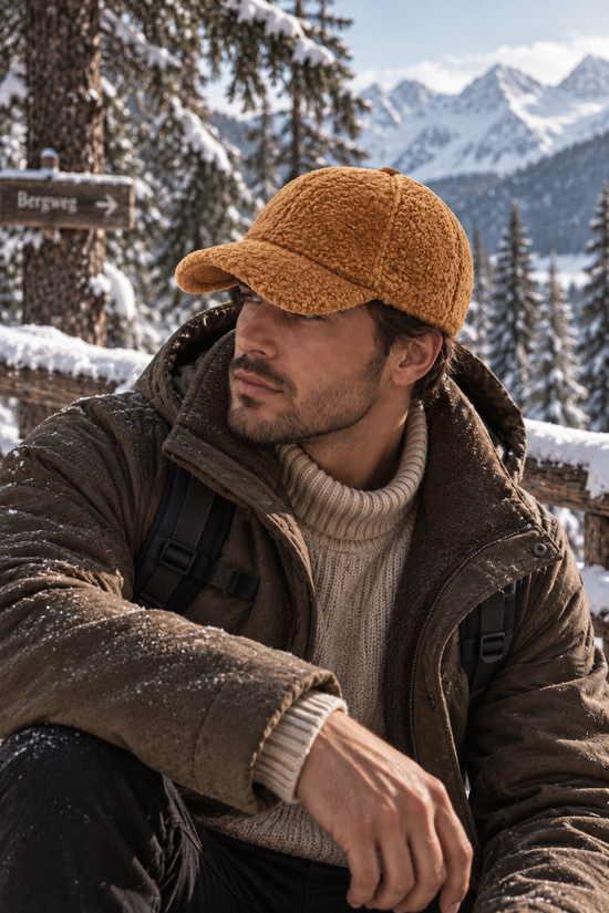 Brown sheepskin cap for men, worn in side view on a model, with a short brim and winter outfit.