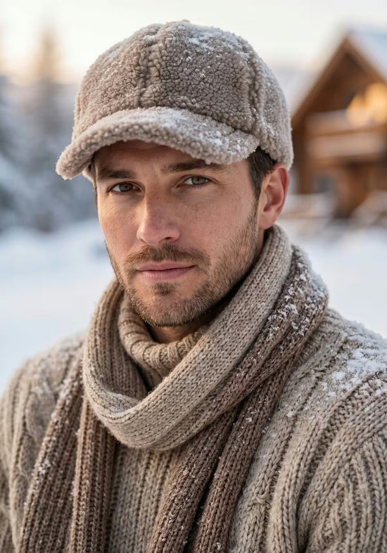 Men's cap in camel sheepskin, worn in winter with a peak and visible curly texture.
