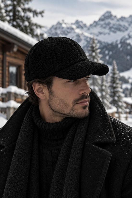 Men's cap made of sheepskin in black, worn from the side in a winter look.