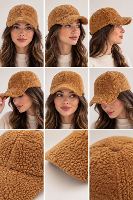 Brown sheepskin cap as a collage with front, side and detail views of the soft pile surface.