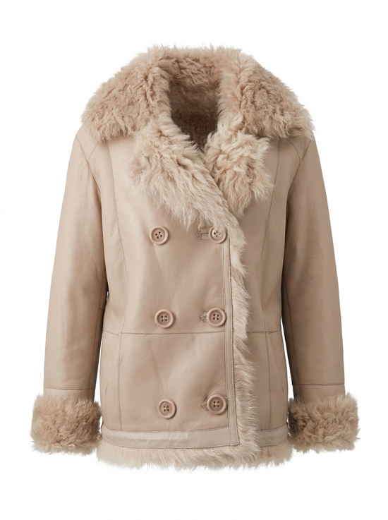 Cut-out beige women’s curly sheepskin jacket with fur collar and fur trim on cuffs and hem.