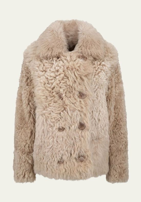 Beige curly sheepskin jacket for women, front view with double rows of buttons.