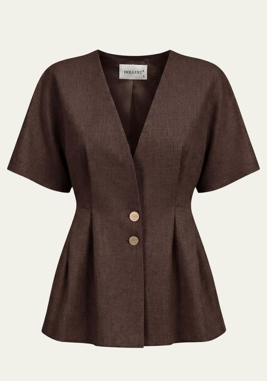 Brown women’s blazer in linen with a V-neck, short sleeves and two buttons at the front.