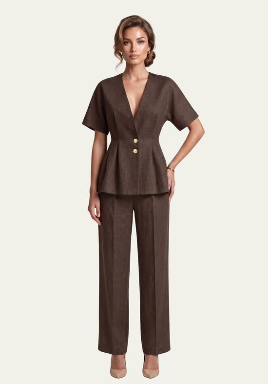 Women’s blazer and palazzo trousers in brown linen, shown as a full front view on a model.