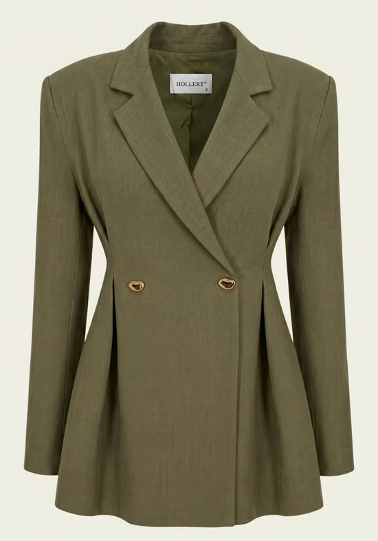 Khaki women's linen blazer with lapel collar, double-button front and shaped waist.