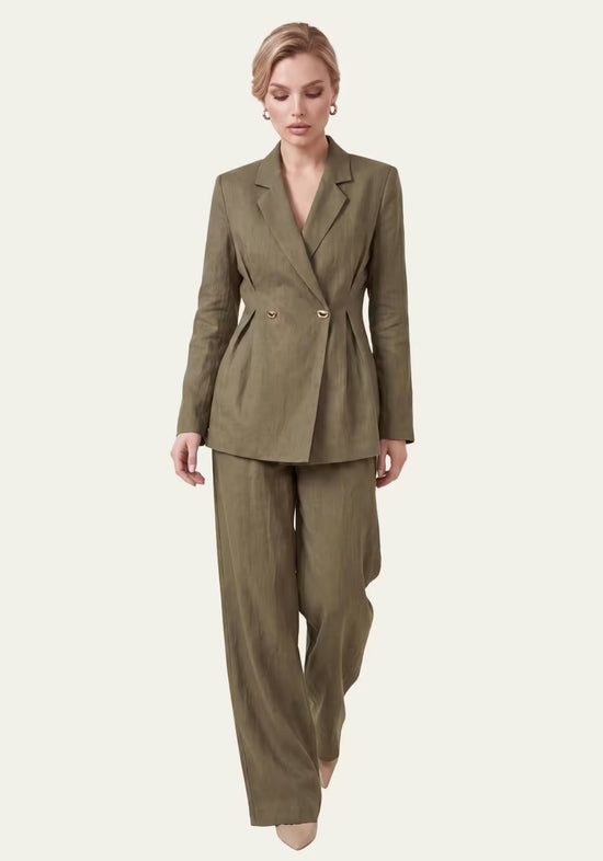 Women's linen blazer and palazzo trousers in khaki, shown worn from the front.
