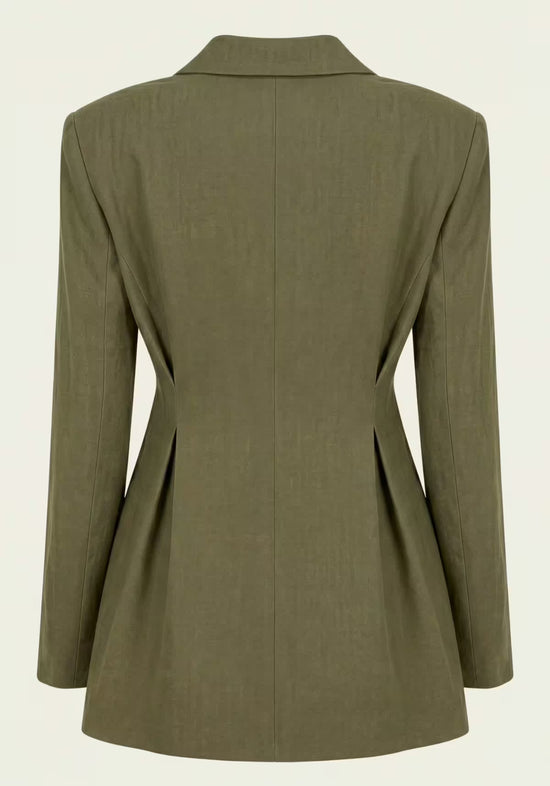 Back view of the khaki women's linen blazer with a fitted waist and long sleeves.