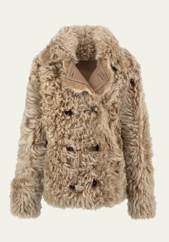 Curly sheepskin jacket for women in cappuccino, shown from the front on a plain background.