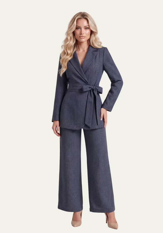 Women’s linen shirt and palazzo trousers in blue, shown worn as a full front view.