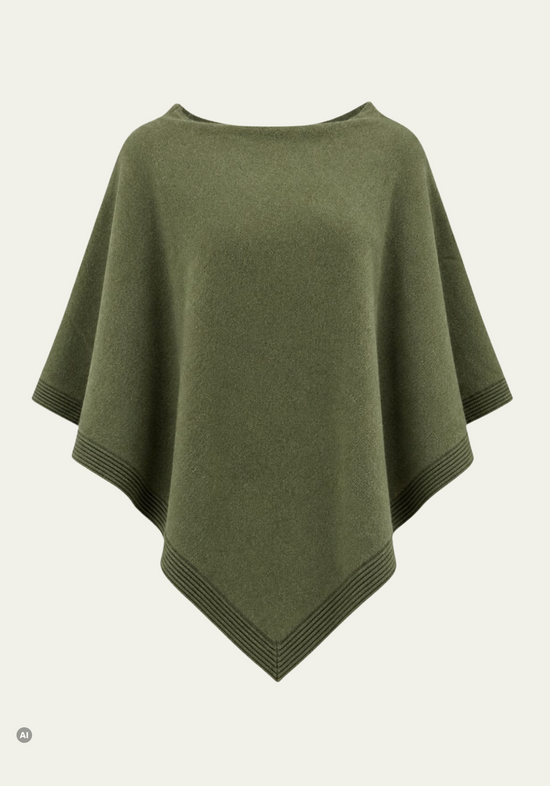 Freestanding women’s cashmere poncho in olive with a wide front view and ribbed edges