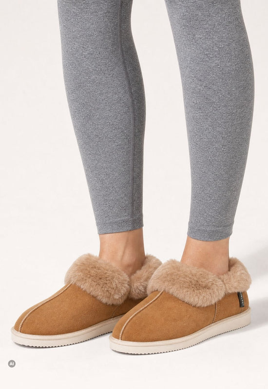Cognac-coloured women's sheepskin slippers in suede with fur trim, worn on the feet.