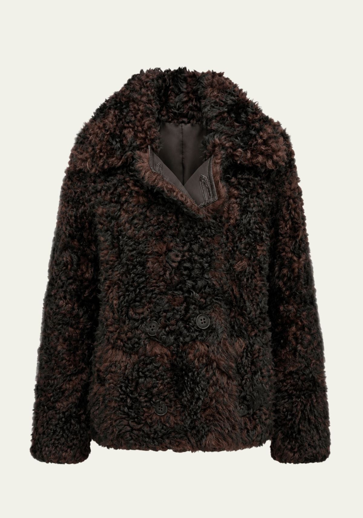 Women's curly sheepskin jacket in dark brown, shown front-on with a wide lapel.