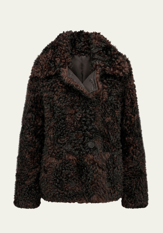 Women's curly sheepskin jacket in dark brown, shown front-on with a wide lapel.