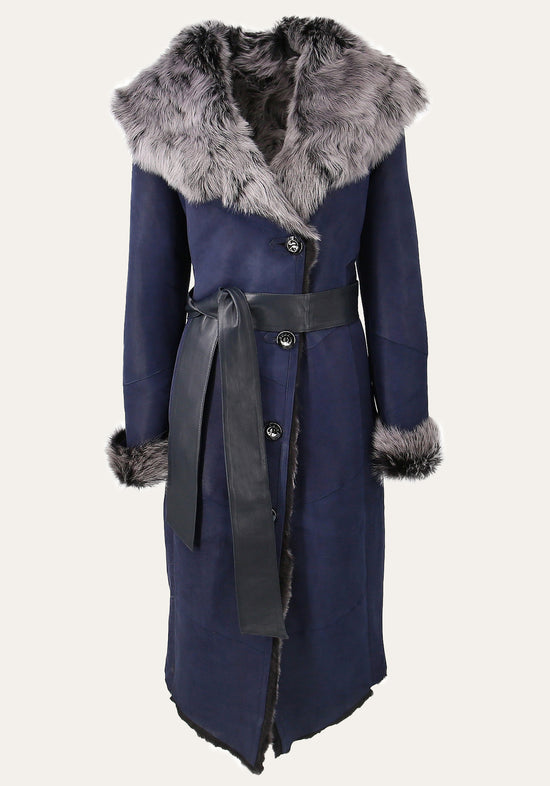 Women's sheepskin coat in dark blue with a large curly sheepskin collar and front belt
