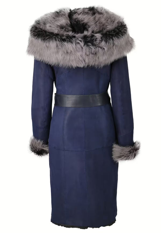 Women's sheepskin coat in dark blue with belt and wide fur trim at the back