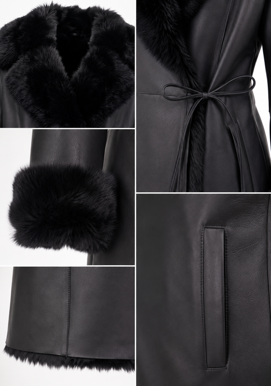 Detail collage of the black women’s sheepskin coat showing collar, belt, cuff and hem