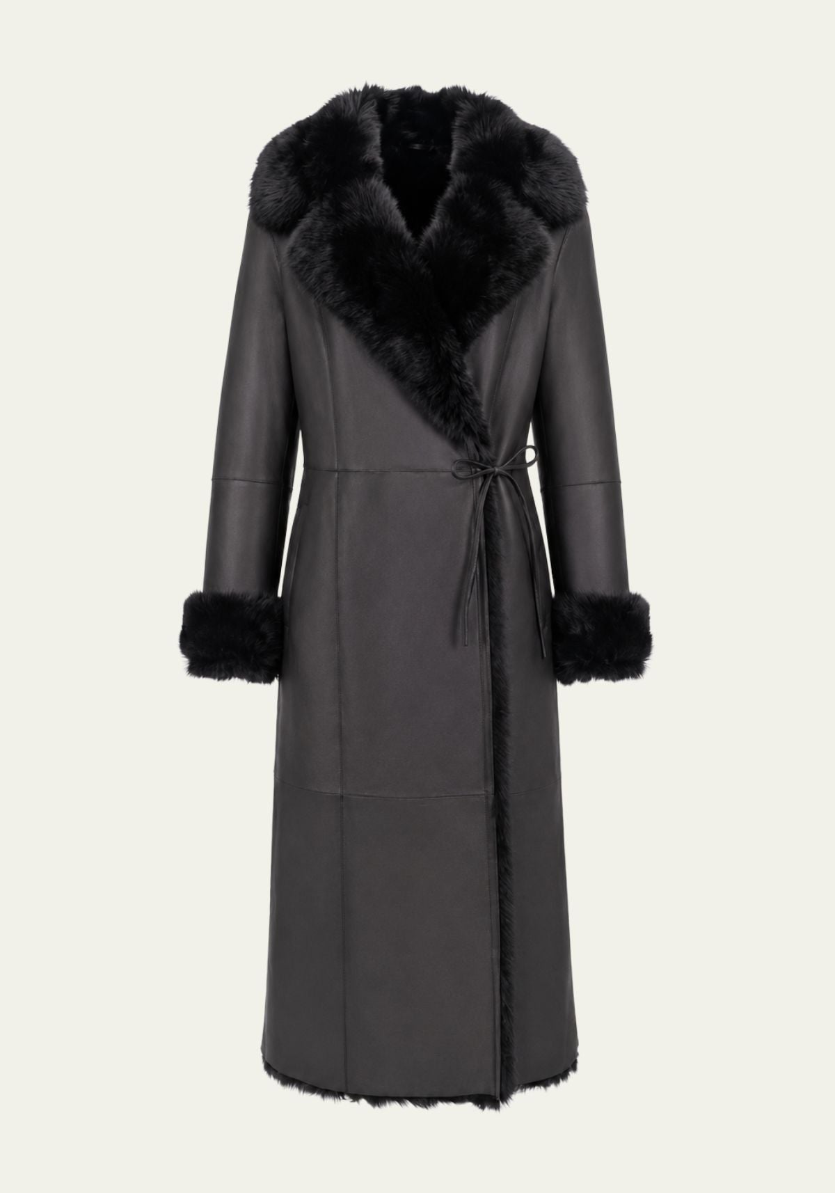 Black women’s sheepskin coat shown from the front with a wide collar and fur trim