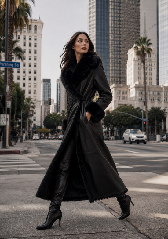 Black women’s sheepskin coat worn in a city scene with open hem and boots