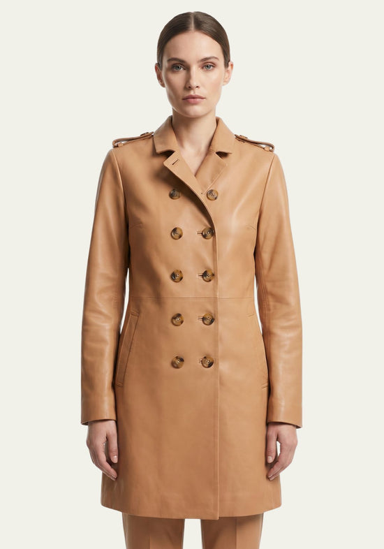 Women's lamb nappa trench coat in camel brown, worn on the model front view with collar and button fastening.
