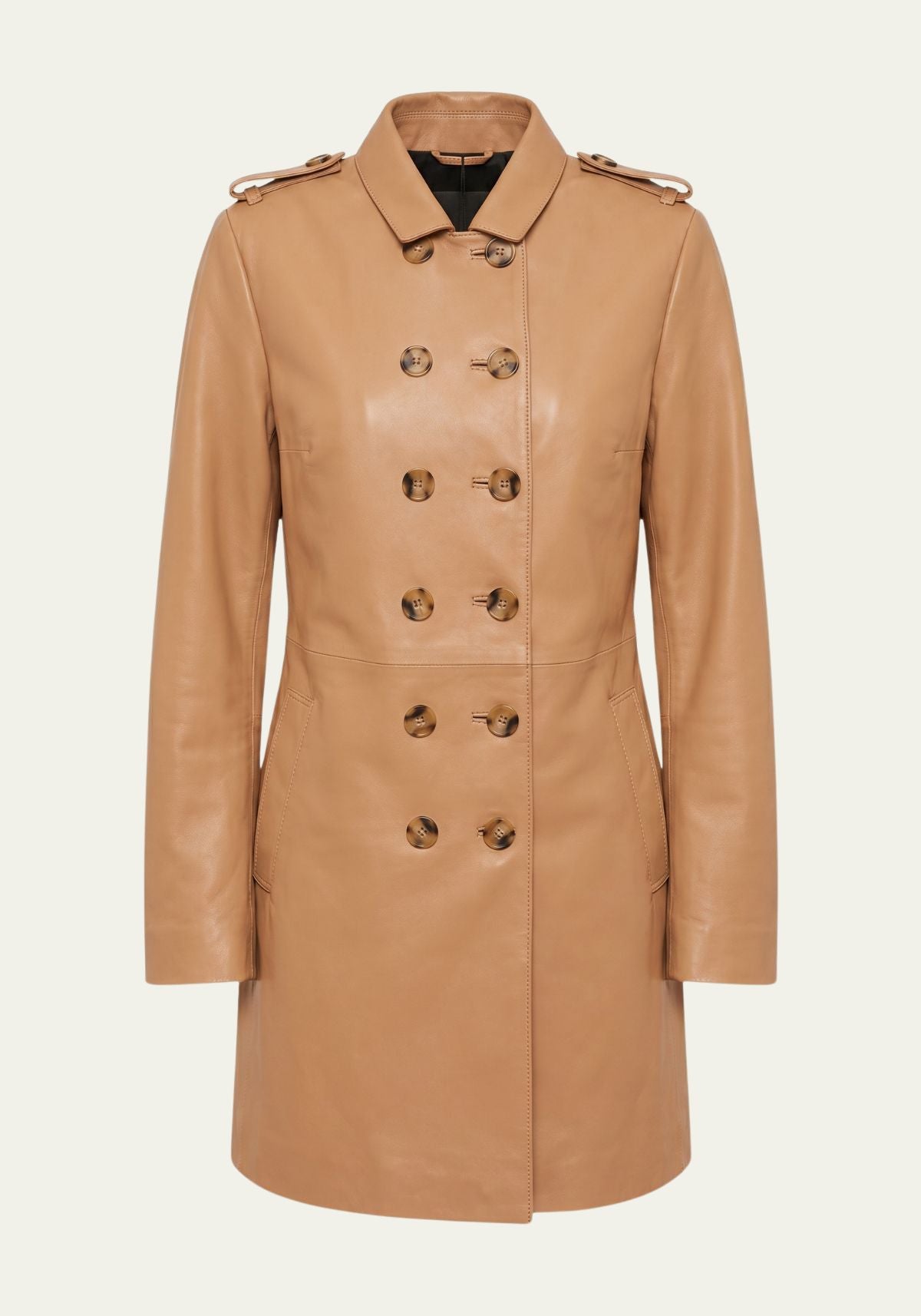 Women's lamb nappa trench coat in camel brown, shown front-on and cut out with double-breasted buttons.