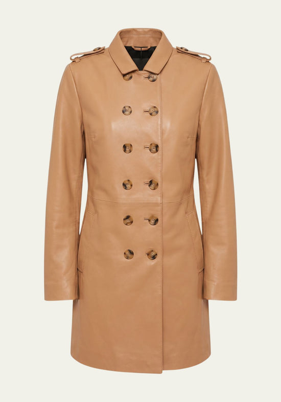 Women's lamb nappa trench coat in camel brown, shown front-on and cut out with double-breasted buttons.
