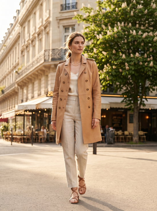 Women's lamb nappa trench coat in camel brown, shown full length worn open over light clothing.