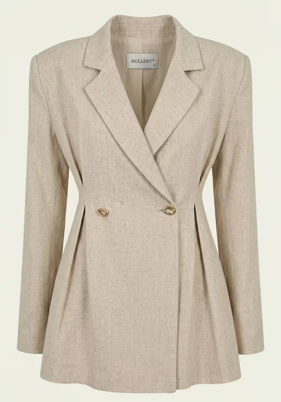 Beige women’s linen blazer shown from the front with lapel collar and double-breasted fastening.