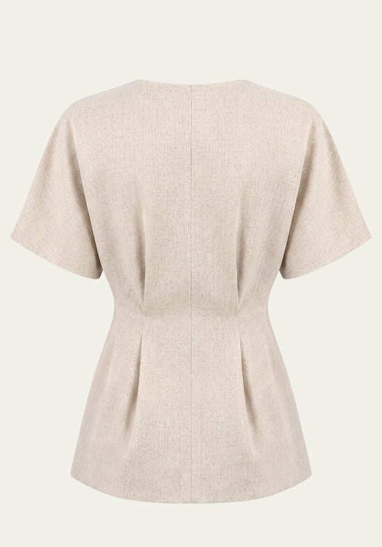 Beige women's linen blazer shown from the back with a fitted shape and short sleeves.