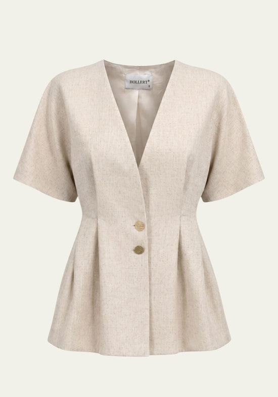 Beige women's linen blazer shown from the front with V-neck, short sleeves and button fastening.