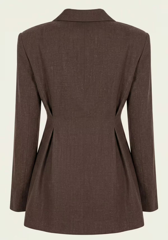 Brown women's linen blazer, shown from the back, with shaping and a straight hem.