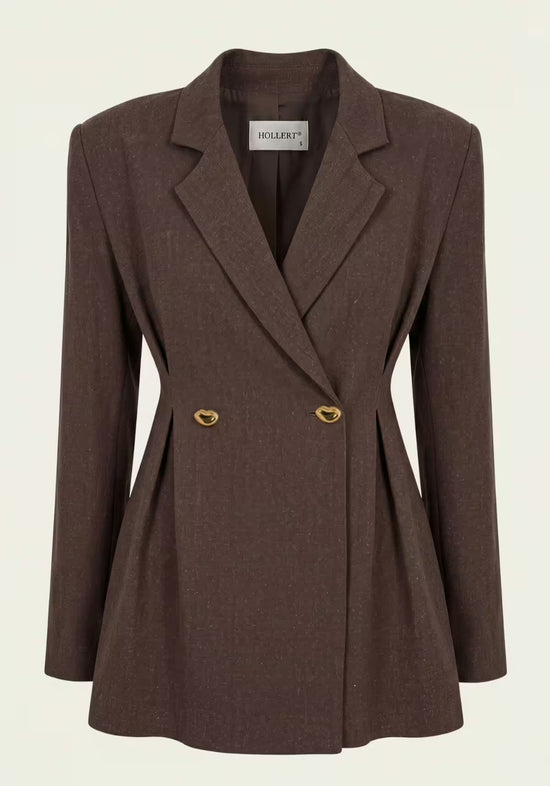 Brown women's linen blazer, shown front on, with lapels, shaping and gold-coloured buttons.