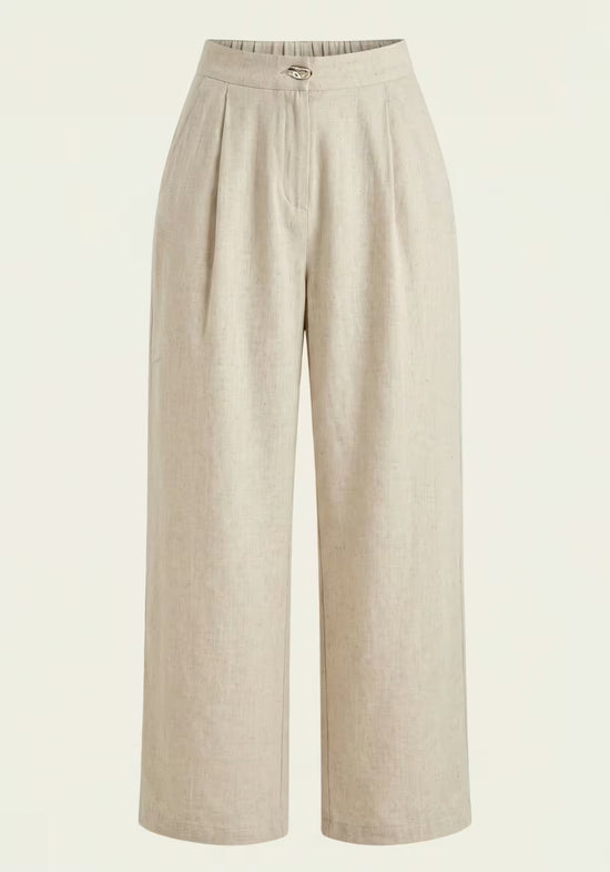 Beige women’s linen palazzo trousers shown from the front with wide legs and waistband detail.