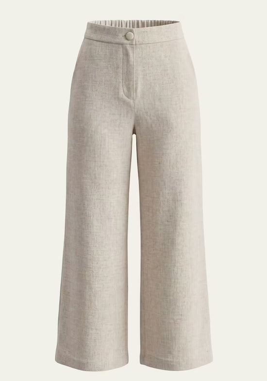 Beige women's palazzo trousers in linen, shown freestanding in a straight front view.