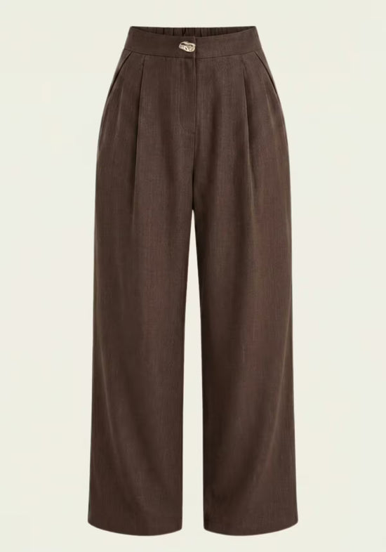Brown women's linen palazzo trousers, shown front on, with wide legs and waistband detail.