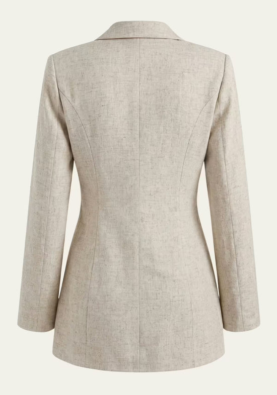 Back view of the beige women's linen wrap blazer with a fitted shape.