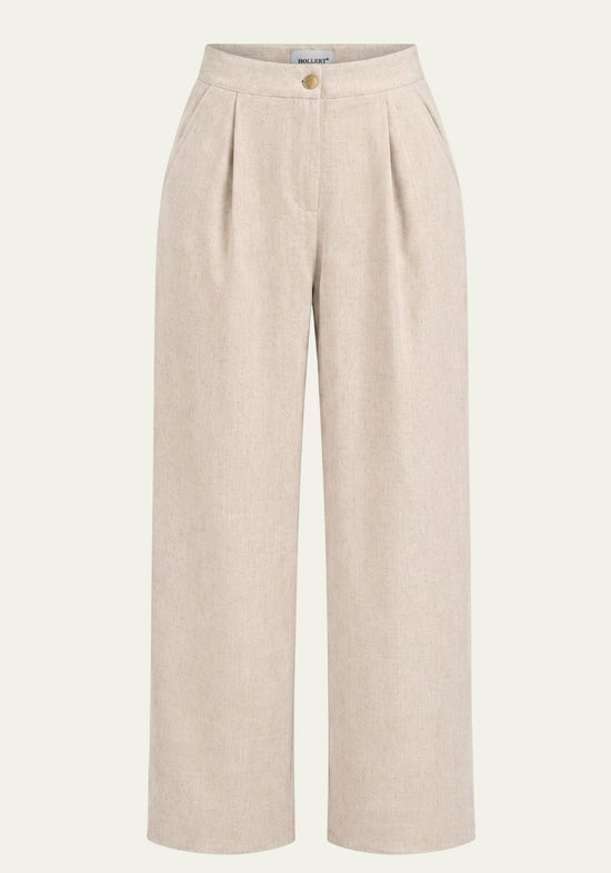 Beige women's linen trousers shown from the front with wide legs, waistband and button fastening.
