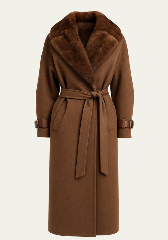 Brown women’s wool and cashmere coat with tie belt and wide collar, shown from the front.