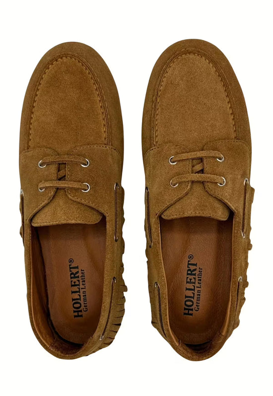 Women’s moccasin shoes in camel leather seen from above with open top and insole logo.